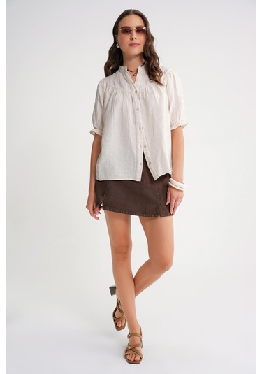 4725 Kadın Büzgü Robalı Kolu Fırfırlı Müslin Gömlek Naturel Naturel