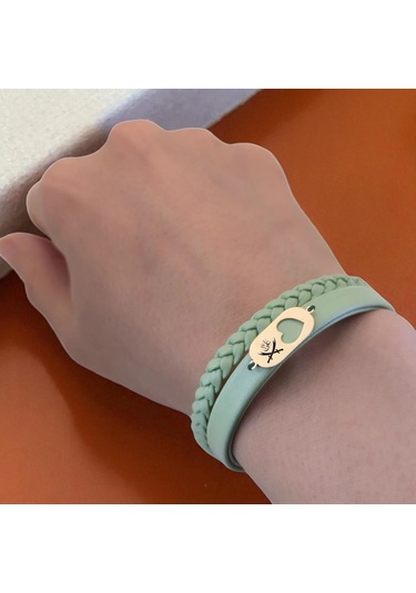 Archin Hz Ali Temalı Zeytin Yeşili Derili Kalp Motifli 14 Ayar Altın Plakalı Hediye Bileklik-556sembol Zülfikar Sembolü