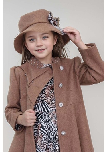 Riccotarz Kız Çocuk Leopar Desen Elbise Taş İşleme Yaka Boydan Düğme Ve Kemer Detaylı Kahverengi Kaşe Kaban Kahverengi