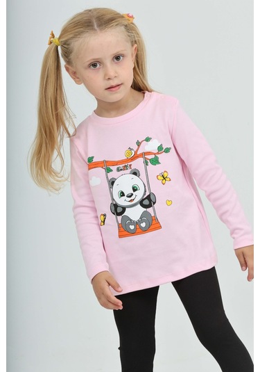 Toontoy Kız Çocuk Sallanan Panda Baskılı Sweatshirt Pembe