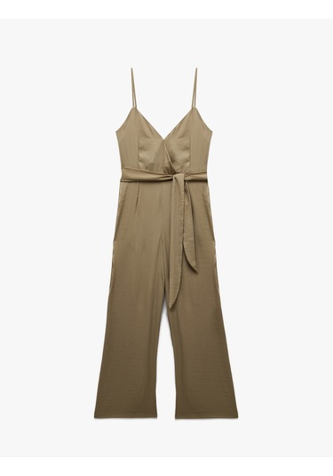 Koton Aerobin Kumaş Kuşak Detaylı Kruvaze Askılı Geniş Paça Uzun Saten Tulum Ada Çayı 5sak40508pw Açık Yeşil