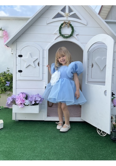 Rose- Mavi Şifon Kısa Kollu Kız Çocuk Elbisesi Elsa Mavi
