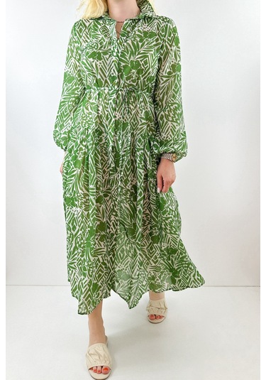 Modaonna Yeşil Çiçek Desenli Pamuklu Maxi Elbise Yeşil