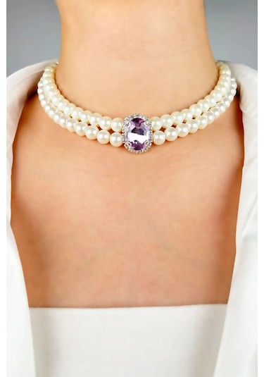 Kristal Uçlu İnci Choker Kolye - Mor Çok renkli