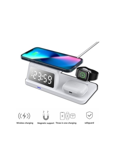 Pazly 5 İn 1 15w Usb Saatli Kablosuz Çok İşlevli Hızlı Şarj Cihazı - Dijital Çalar, Kulaklık Ve Telefon Şarj İstasyonu