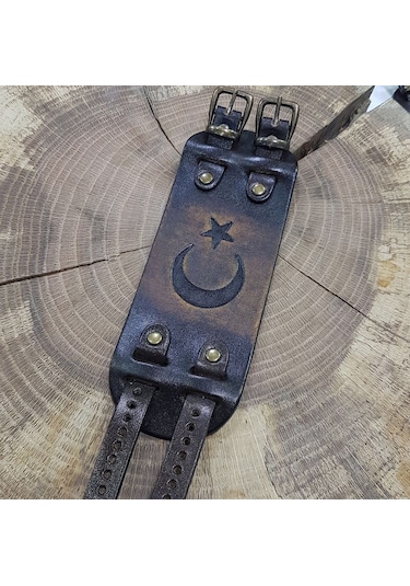 Ay Yıldız Baskılı Deri Bileklik Modelimiz - Zamak Kolye Çok Renkli