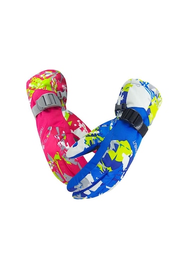 Geeroyoo Kışın Sıcak Tutan %100 Su Geçirmez Kayak Eldiveni - Mavi Desen, L Beden, Herkes İçin Uygun Mavi