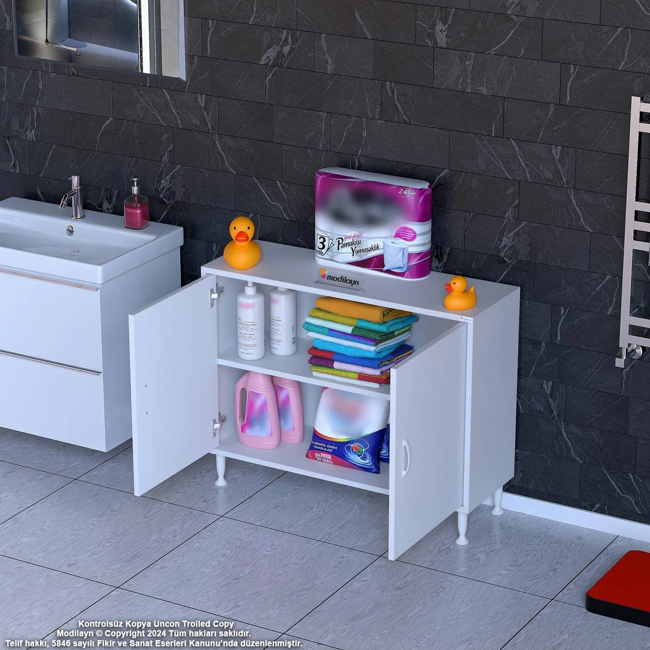 Efil Dolap Dar Alanlar İçin Çok Amaçlı Dolap 2 Kapaklı 2 Göz Raf Dolap 100x75x32,5 Cm Beyaz