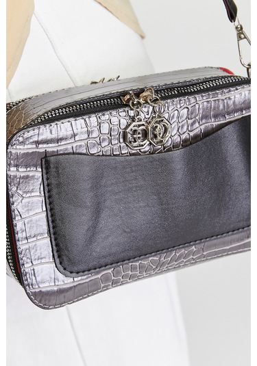 Morpelikan Gri Kroko İki Bölmeli Kadın Omuz Çantası Gri