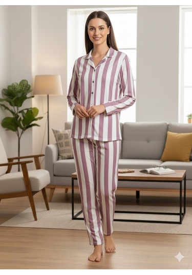 Kadın Düğmeli Pijama Takımı Mor
