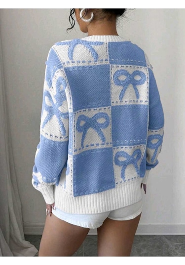 Sayzen Your Shine Kurdele Işlemeli Kareli Oversize Kazak Sy-2502 Mavi