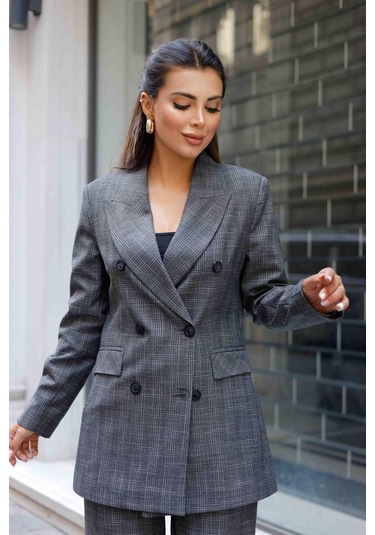 6 Düğmeli Kruvaze Ekose Takım Gri Gri