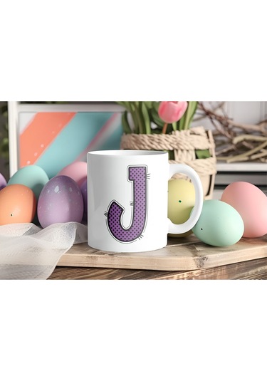 J Harfi Mor Puantiyeli Kupa Bardak - Polka Dot Tasarım Kahve Çay Bardak - Kişiye Özel Hediyelik Beyaz