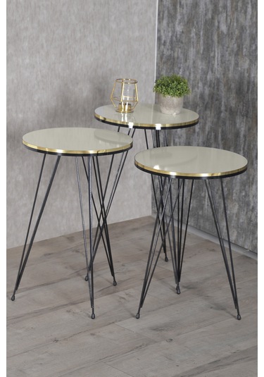 Zigon Sehpa Siyah Tel Ayak Çift Altın Krem