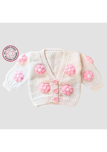 Uretti - Gülnur 2184 - El Örgüsü Pembe Çiçekli Kız Çocuk Hırka 4 Yaş - Beyaz Beyaz