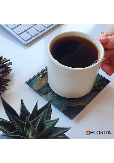 Decorita Cam Bardak Altlığı 4'lü Takım Kahverengi Simli 10 CM x 10 CM Kahverengi