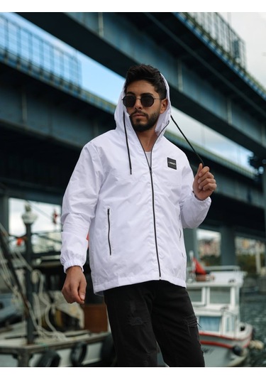 Erkek Kapüşonlu İçi Astarlı Fermuarlı Su Ve Rüzgar Geçirmez İnce Yağmurluk Beyaz