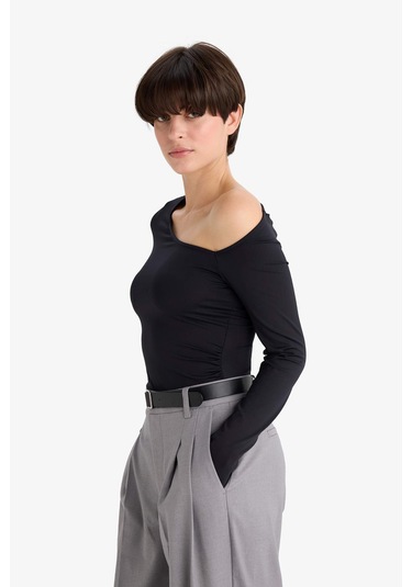 Defacto Slim Fit Dar Kesim Tek Omuzlu Uzun Kollu Body G5965ax25wnbk81 Siyah-bk81