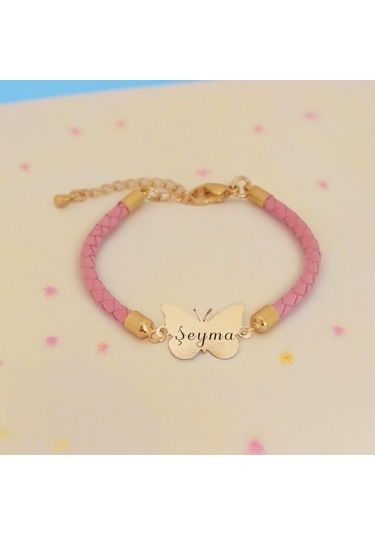 Archin Şeyma İsmine Özel Kelebek Motifli 14 Ayar Altın Plakalı Doğal Pembe Derili Hediye Bileklik-429isim Şeyma