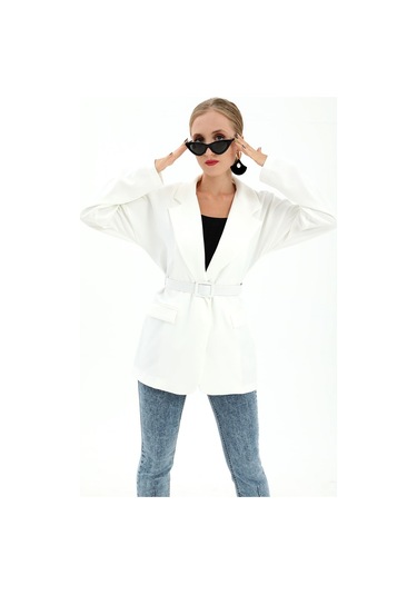 Düşük Omuz Kemerli Atlas Kumaş Blazer Ceket - Ekru-ekru Ekru