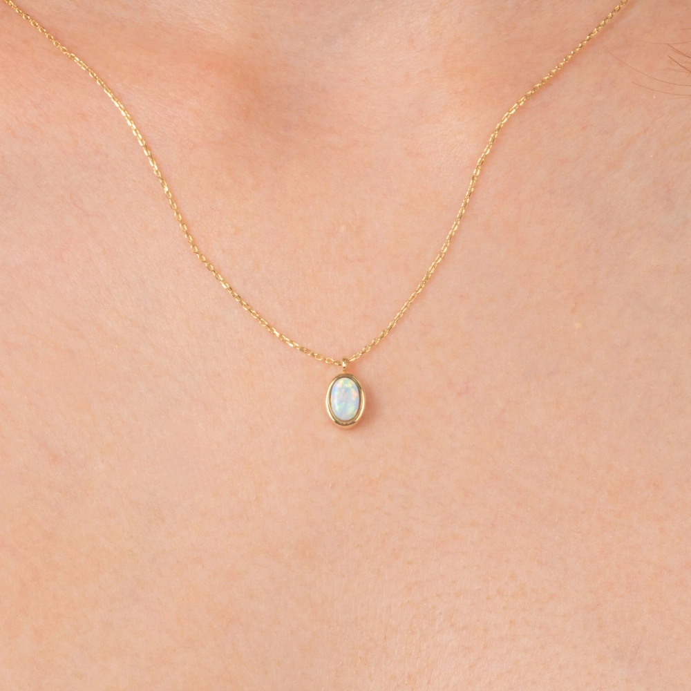 Gümüş Kolye - Opal Oval Taşlı 925 Ayar Gümüş Kolye Sarı
