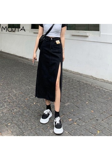 Yaz Kadın Kot Etek Klasik Açık Mavi Yüksek Bel Günlük Kot Bayan Kot Etek Siyah