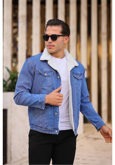 Erkek Kürklü Kot Ceket İçi Kürklü Kot Ceket Buz Mavi