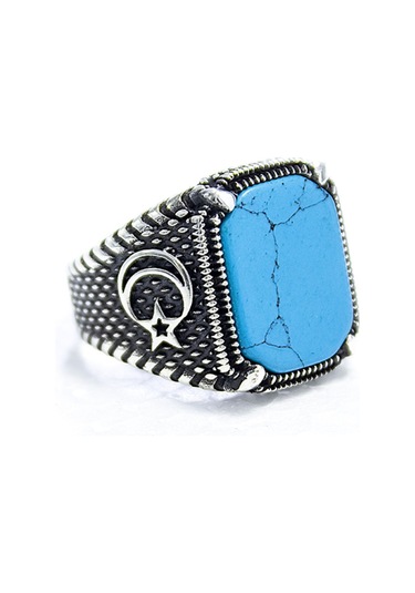 Gümüş Ayyıldız Desenli Firuze Taşlı Erkek Yüzük