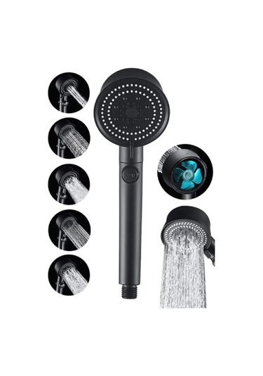 Royal Turbo Pervaneli 5 Fonksiyonlu Duş Başlığı Örgülü Hortum Ve Mafsal Duş Seti Duş Seti Siyah Plas Diğer