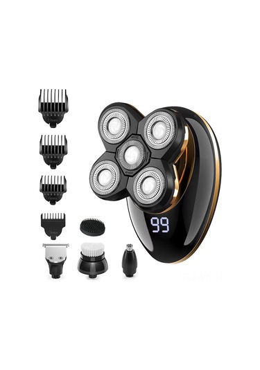 Vkemall Çok Amaçlı Şarjlı Elektrikli Tıraş Makinesi, Su Geçirmez, Dijital Ekranlı, 5 Başlık Siyah Altın Set