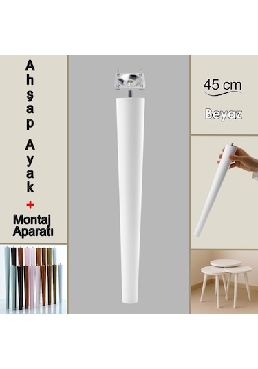 Ahşap Ayak 45 Cm Beyaz M8 Civatalı Bağlantı Aparatlı Mobilya Tabure Sehpa Masa Destek Ayağı Beyaz