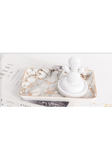 Seramik Depolama Tepsisi Nordic Stil Dikdörtgen Mermer Desen Pratik Dekorasyon Ev Alanı Tasarruflu Mutfak Gıda Takı Depolama Tepsileri Altın Ahşap - Beyaz