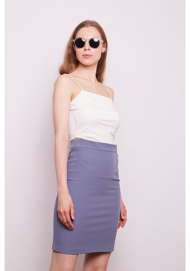 Yüksek Bel Diz Üstü Likralı Pamuklu Şık Kumaş Kalem Etek-Koyu Mav