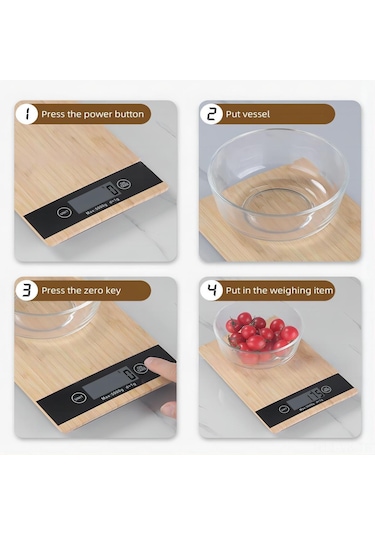 Vkemall Bambu Ve Abs Malzeme 5kg/1g Hassas Dijital Mutfak Terazi, Lcd Ekranlı, Birim Dönüştürücü Ve Kabuk Kaldırma Fonksiyonu İle Meyve, Et, Makarna Tartımı Diğer