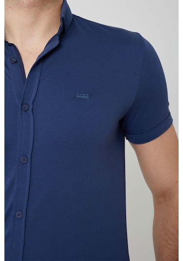 Coonless Erkek Kısa Kol Slim Fit Gömlek Koyu Mavi Beyaz