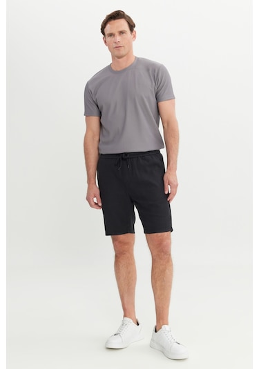 Erkek Sıyah %100 Pamuk Comfort Fit Beli Bağlamalı Flamlı Yan Cep Şort Siyah