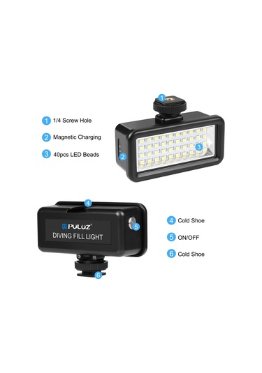 Puluz Pu631b 40 M Su Geçirmez 40-led Kamera Dolgu Işığı Şarj Edilebilir Dalış Vlog Fotoğraf Işığı