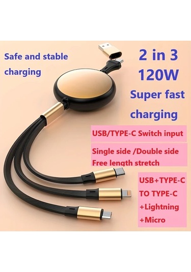 Honeybeeshop Beyaz Altın 120w 2de 3 Teleskopik Hizli Sarj Kablosu Usb Type C Micro Lightning Coklu Baslik İpdone Uyumlu Galaxy Uyumlu Xiaomi Huawei Icin