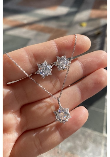 Gümüş Lotus Çiçeği Kolye Küpe Set Takım 22s122 Altın - Gümüş