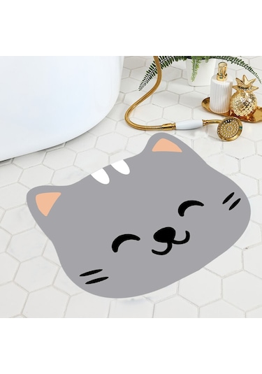 Kedi Desenli Banyo Paspası, Kaymaz Taban Paspas, 50x60 Cm Gri