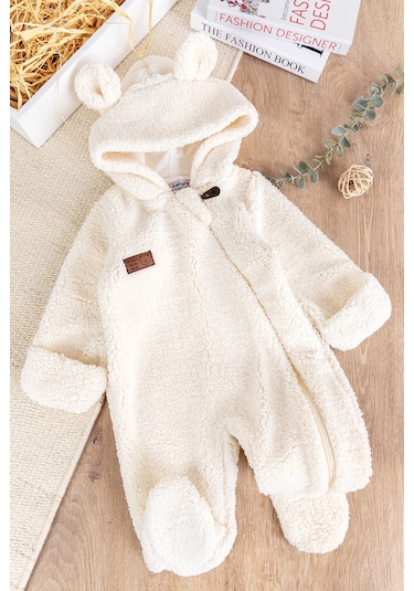 Kapüşonlu Kendinden Eldivenli Welsoft Kışlık Kız/erkek Bebek Tulum Krem