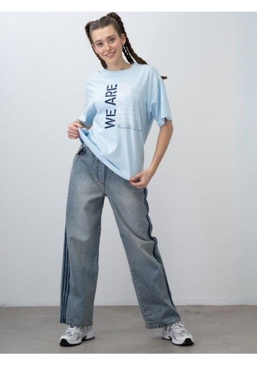 Zekids Kız Çocuk Kordon Detaylı Oversize Denim Pantolon-15529 Mavi