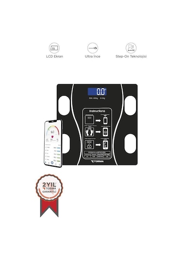 Torima Xk-26c Siyah Dijital Baskül Yağ Kas Su Vücut Kitle İndeksi Kilo Ölçer Bluetooth Tartı
