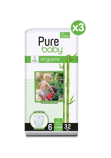 Pure Baby Organik Bambu Özlü Külot Bez 3'lü Paket 6 Numara Xlarge 96 Adet 3'lü