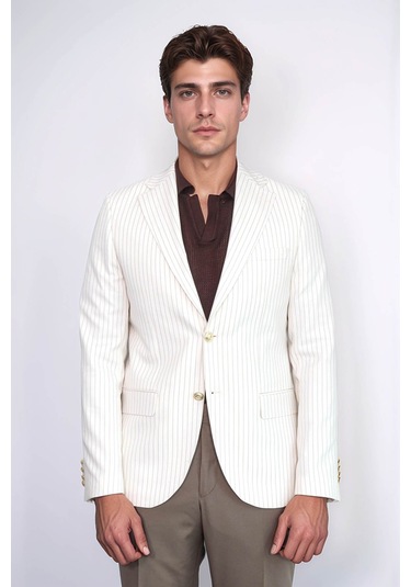 Ekru Çizgili Keten Dokulu Gold Renk Metal Düğmeli Slim Fit Erkek Blazer Ceket Wessi Beige