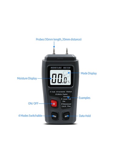 Neevoyu Ahşap Nem Ölçer, Ahşap/kağıt/hammadde İçin 4 Modlu Sayısal Lcd Ekranlı Nem Oranı Test Cihazı Siyah, 9v Pil Dahil