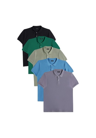 Erkek 5'li Paket Gri-mavi-haki-yeşil-siyah Slim Fit Pamuklu Düz Pike Polo Yaka Tişört-34604 Multi