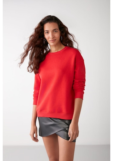 Vaneltına  Kadın Içi Polarlı 3 Iplik Organik Pamuk Oversize Basic Bisiklet Yaka Kırmızı Sweatshirt