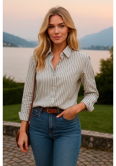 Kadın Çizgili Oversize Gömlek Haki Beyaz Pamuk Gömlek Haki