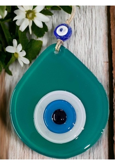 Orta Boy Yeşil Damla Desen Nazar Boncuklu Duvar Dekoru Cam Duvar Süsü